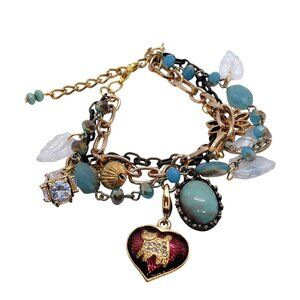 Blue gold tone charm bracelet unique multistrand cat leaf beads